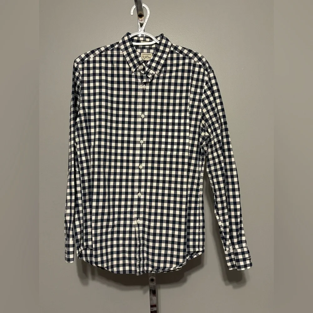 J Crew gingham check cotton button down shirt button collar‎ Med Navy and white